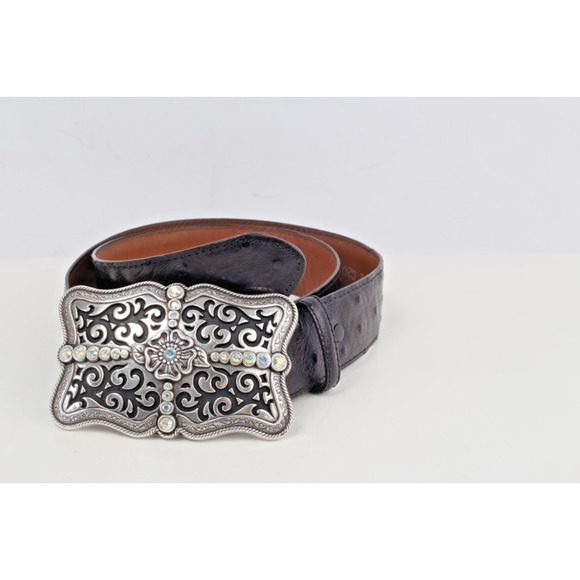 Vintage Black Leather Western Belt Ornate Silver Tone Buckle Size 32 Cowboy - Picture 15 of 16